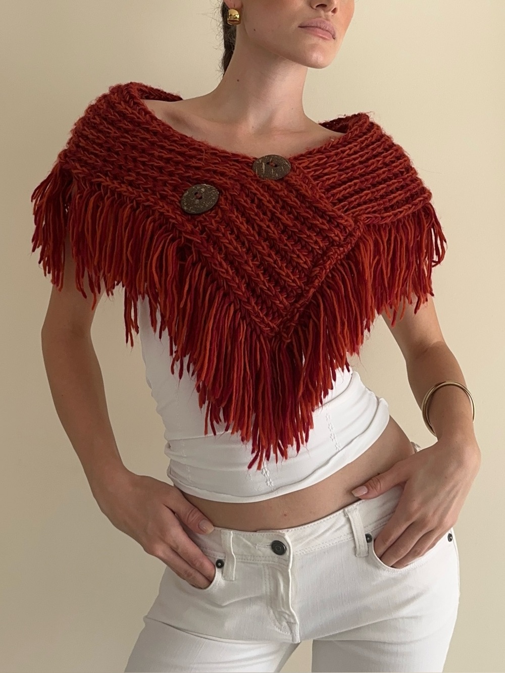 Rust Fringe Knit Buttoned Shawl Wrap - Women Accessories